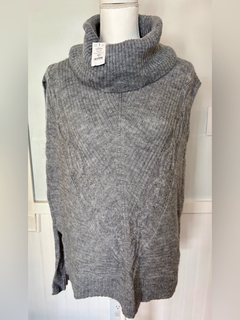 NWT White House Black Market Grey Cable Knit Cowl Neck Poncho Sweater - S